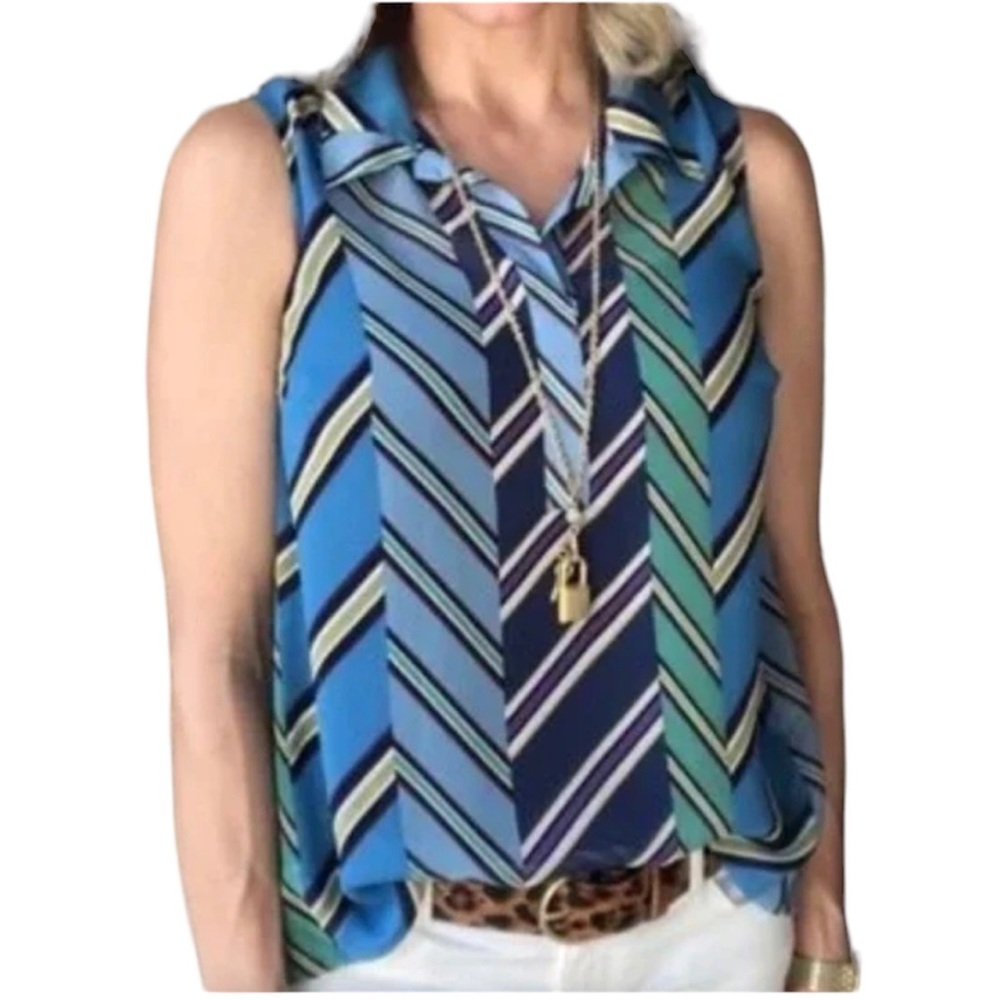Cabi Ascot Geometric Semi Sheer Blue Green Sleeveless Blouse M Lightweight